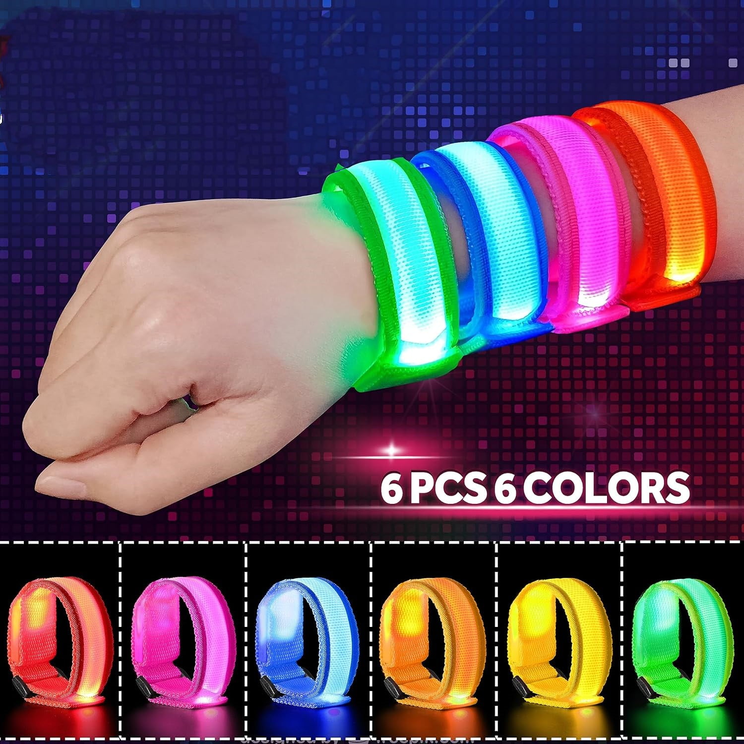 6PCS Led light Up Slap Wristband for Running, Glow In The Dark Slap Bracele LED Glowing Snap Armband Wrist Band High Brightness Decorative
