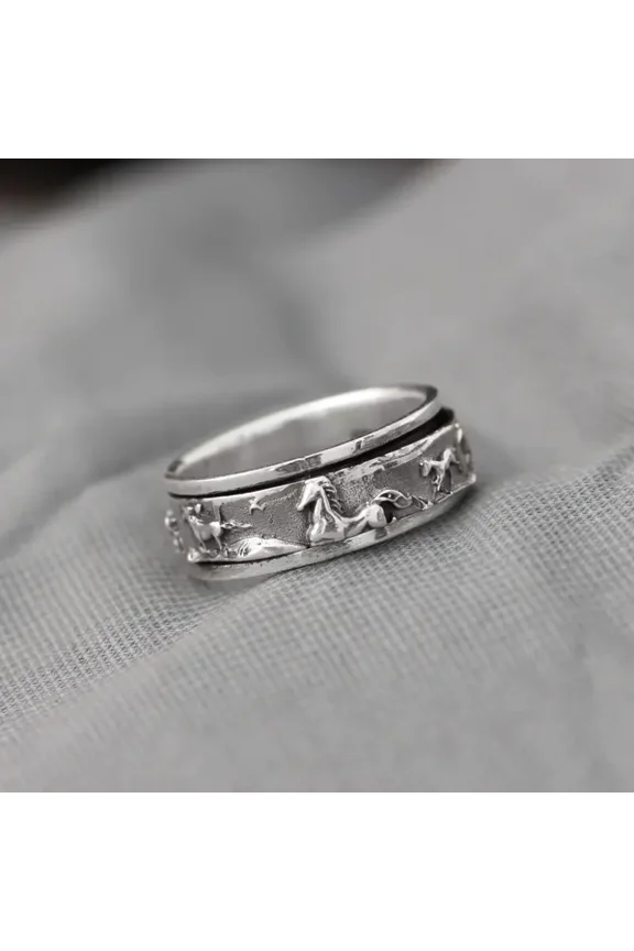 Unisex 7 Running Horses Spinner 925 Sterling Silver Ring