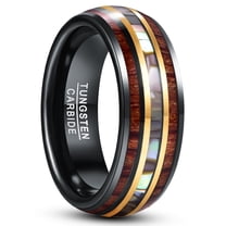 Unisex 8mm Black Gold Tungsten Carbide Rings with Wood Grain and Abalone Shell Inlay