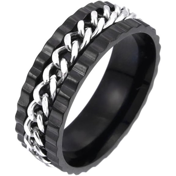 Unisex 8mm Stainless Steel Personality Cool Beer Bottle Opener Chain Rotatable Fidget Ring Biker Anxiety Band Gear Wheel Edge