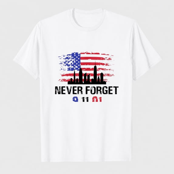 Unisex 9/11 Never Forget Flag Skyline Graphic T-Shirt, Memorial Shirt