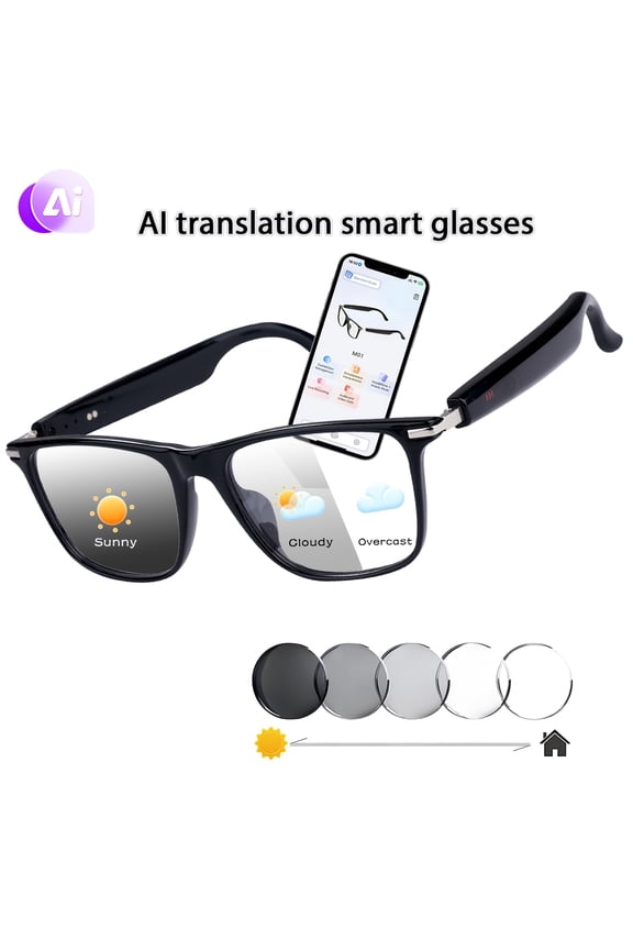Unisex AI Translation Smart Glasses - ChatGPT, 164-Language Real-Time Voice/Call, Auto-Tint, Music, Business/Travel/Gift