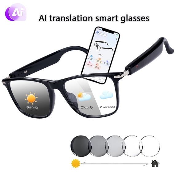Unisex AI Translation Smart Glasses - ChatGPT, 164-Language Real-Time Voice/Call, Auto-Tint, Music, Business/Travel/Gift
