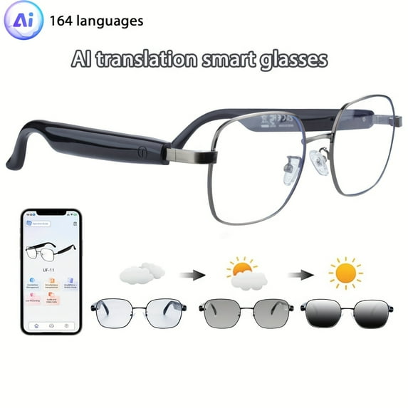 Unisex AI Translation Smart Glasses - ChatGPT, 164-Language Real-Time Voice/Call, Auto-Tint, Music, Business/Travel/Gift