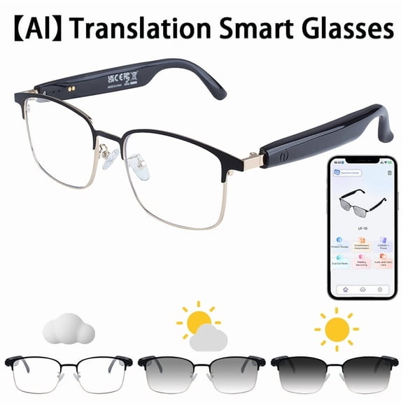 Unisex AI Translator Smart Glasses - 164-Language Real-Time Translation, Wireless Audio, Open-Style, Travel/Learning