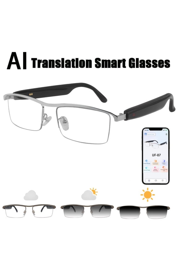 Unisex AI Translator Smart Glasses - 164-Language Real-Time Translation, Wireless Audio, Open-Style, Travel/Learning