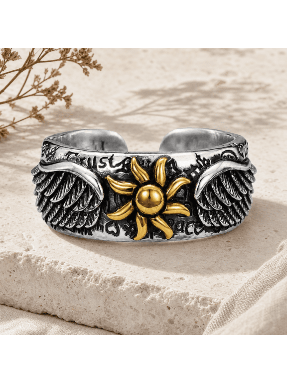 Unisex Adjustable Angel Wing Ring with Golden Sun, Silver Tone
