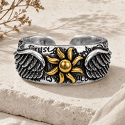 Unisex Adjustable Angel Wing Ring with Golden Sun, Silver Tone