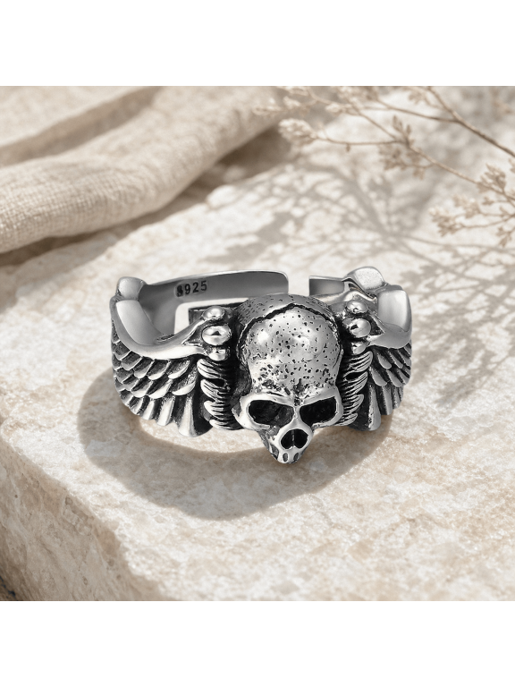 Adjustable Skull Wing Ring for Men Women, Silver Tone Copper Gothic Biker Ring