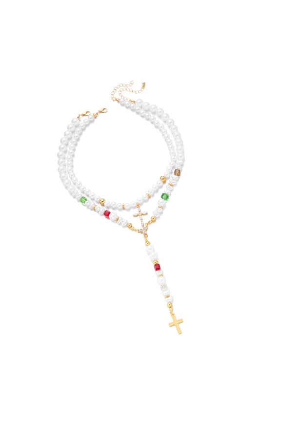 Unisex Adjustable Pearls Crosses Necklace with All Necklines French Retro Y Designs for Versatile Fashion