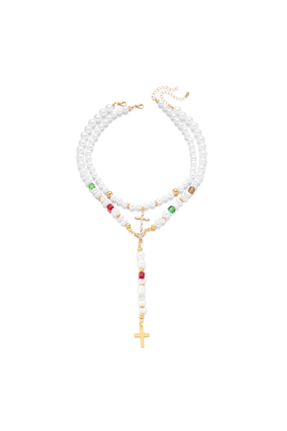 Unisex Adjustable Pearls Crosses Necklace with All Necklines French Retro Y Designs for Versatile Fashion
