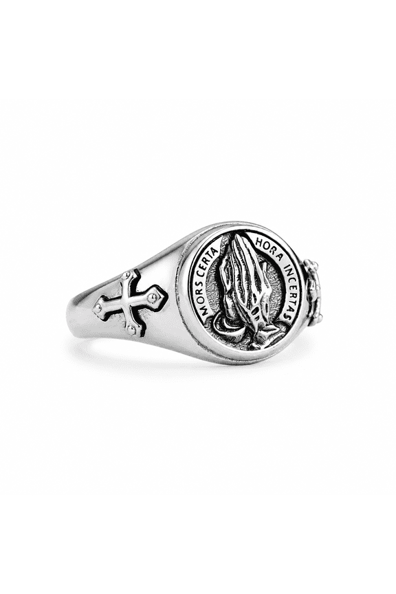 Adjustable Prayer Hands Ring for Men Women, Silver Tone Copper Cross Ring