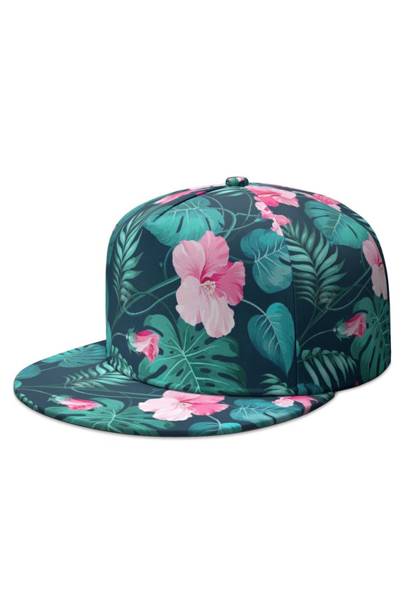 Unisex Adjustable Snapback Cap - Flat Brim Design with Colorful Hawaiian Hibiscus and Palm Leaf Pattern, Boho Street Style