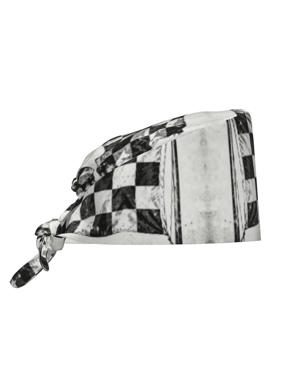 Unisex Adjustable Working Cap Checkered Flag Elastic Tie-Back One Size