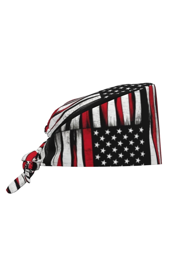 Unisex Adjustable Working Cap Thin Red Firefighter Line Pattern Elastic Tie-Back One Size