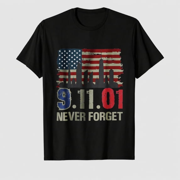 Unisex Adult 9/11 Never Forget Flag Skyline Graphic T-Shirt, 9.11.01 Memorial Short Sleeve Shirt