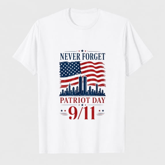 Unisex Adult 9/11 Patriot Day Never Forget Graphic T-Shirt, Flag Skyline Short Sleeve Shirt