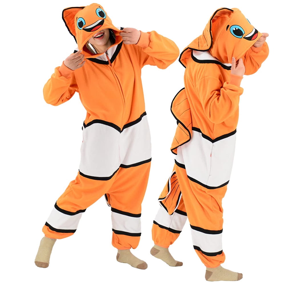 Clownfish Costume Adult Animal Onesie Pajamas Halloween Cosplay Hooded Homesuit Jumpsuit for Women Men