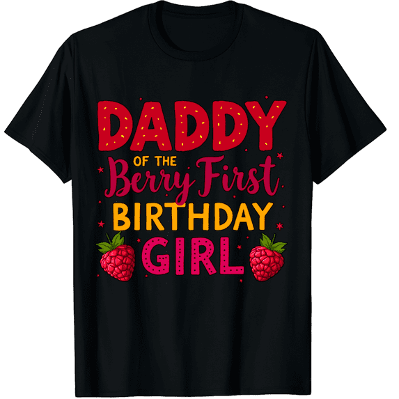 Unisex Adult Black Cotton T-Shirt - Berry First Birthday Girl Dad Raspberry Graphic Tee