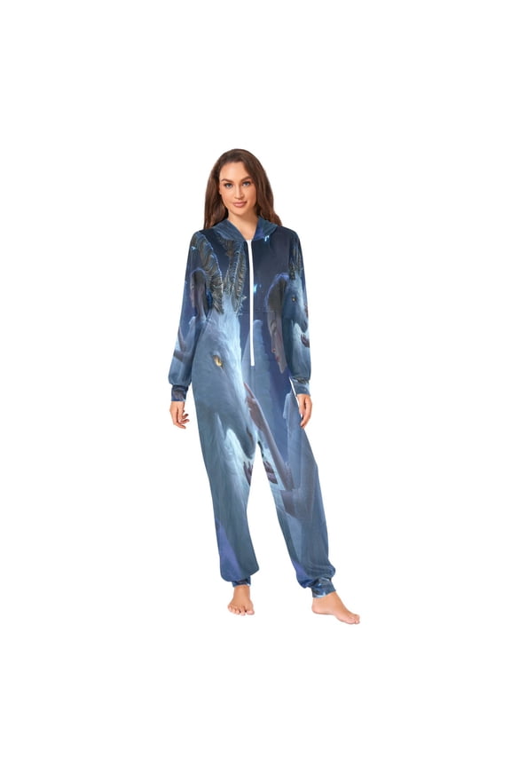 Unisex Adult Blue Fawn Printed Onesie Pajamas Ultra-Soft Crystal Velvet Loose Fit One Piece Union Suit with Hood (S)