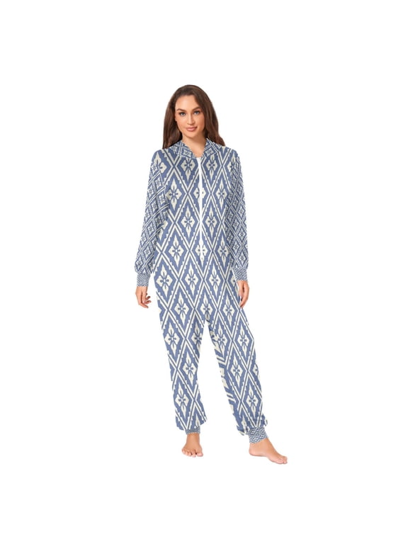 Unisex Adult Blue Folk Printed Onesie Pajamas Ultra-Soft Crystal Velvet Loose Fit One Piece Union Suit with Hood (S)