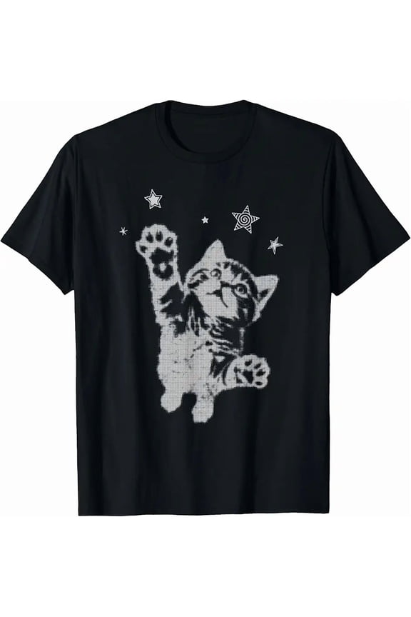 Unisex Adult Cute Retro Pixel Art Cat Reaching Stars T-Shirt