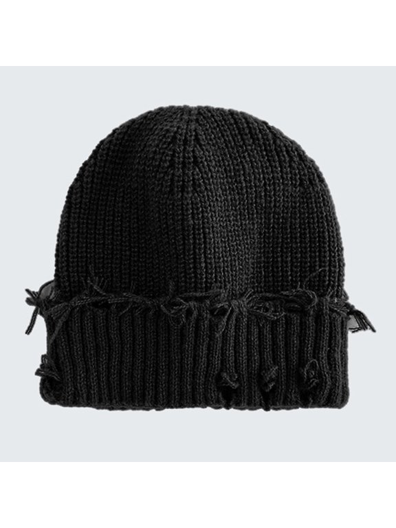 Unisex Adult Distressed Knit Beanie, Winter Y2K Punk Goth Slouch Hat Soft Warm, Vintage Fray Ripped Hip-Hop Skull Cap For Men Women Outdoor Ski Black One Size