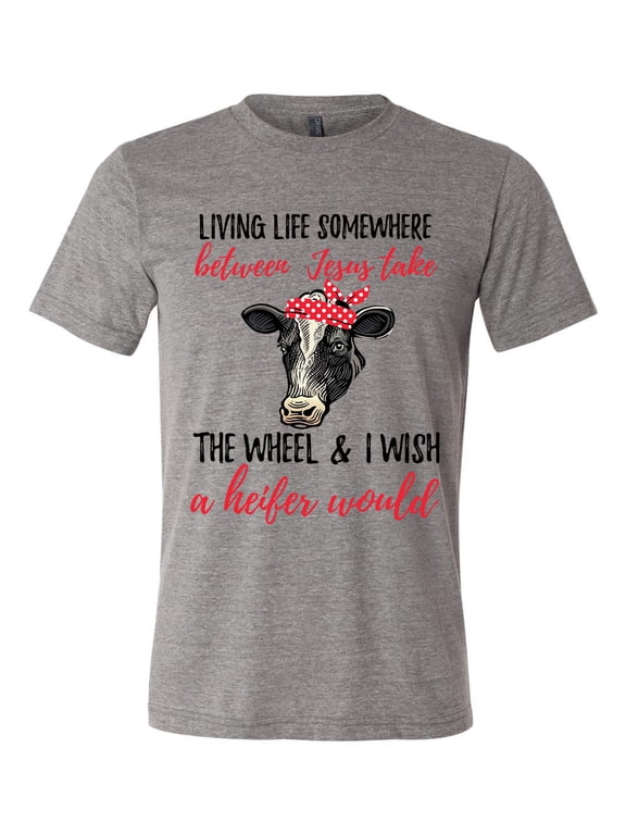 Unisex Adult Fit Cow Jesus Take The Wheel Heifer Short Sleeve T-shirt-Grey Triblend-Small