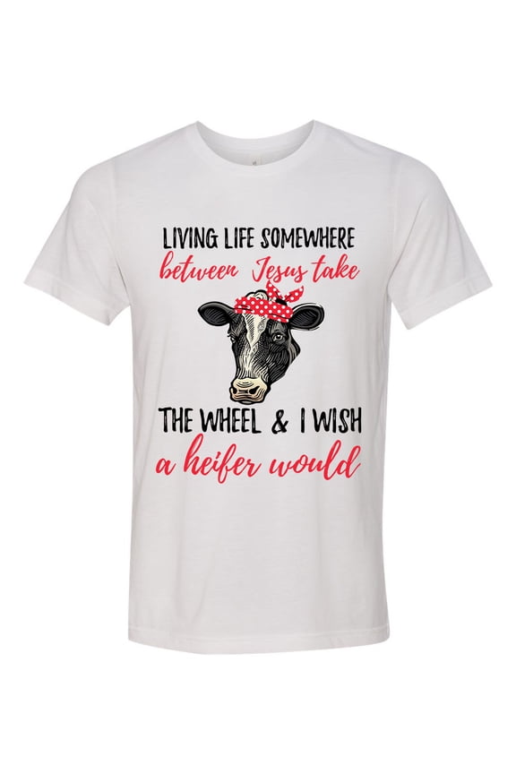 Unisex Adult Fit Cow Jesus Take The Wheel Heifer Short Sleeve T-shirt-White Triblend-large