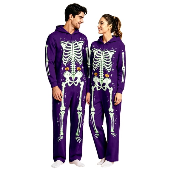 Unisex Adult Hooded Onesie, Halloween Skeleton Full‑Body Print Long Sleeve Jumpsuit for Men Women Home Loungewear