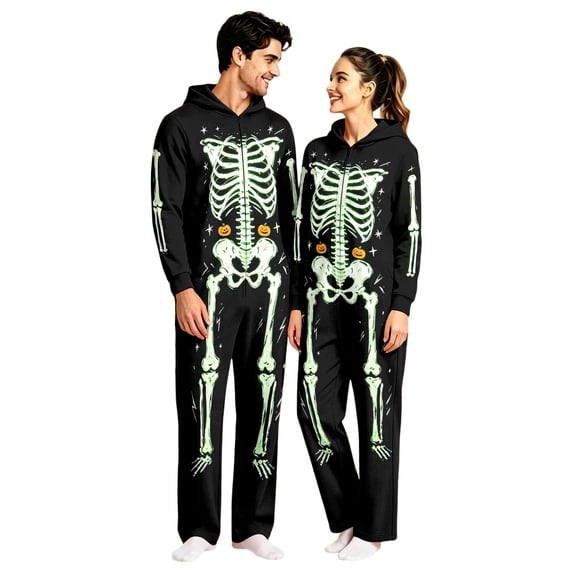 Unisex Adult Hooded Onesie, Halloween Skeleton Full‑Body Print Long Sleeve Jumpsuit for Men Women Home Loungewear