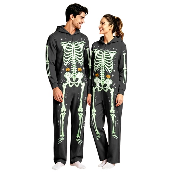 Unisex Adult Hooded Onesie, Halloween Skeleton Full‑Body Print Long Sleeve Jumpsuit for Men Women Home Loungewear