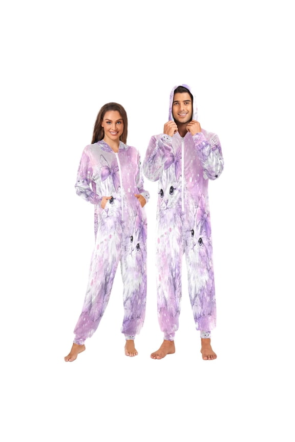 1-Pack Onesie Adult Hooded Pajamas, Soft Fleece Full Zip One Piece Pajamas for Couples, Christmas Holiday Loungewear, S-XL Adorable Long-haired Kittens with Bows