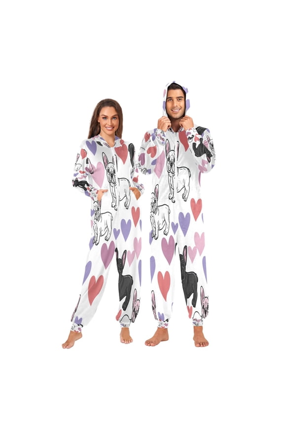 1-Pack Onesie Adult Hooded Pajamas, Soft Fleece Full Zip One Piece Pajamas for Couples, Christmas Holiday Loungewear, S-XL Cute Frenchie Heart Background