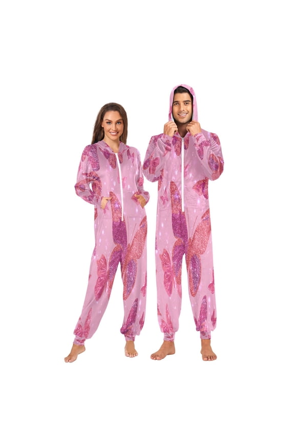 1-Pack Onesie Adult Hooded Pajamas, Soft Fleece Full Zip One Piece Pajamas for Couples, Christmas Holiday Loungewear, S-XL Glittering Sequin Butterfly
