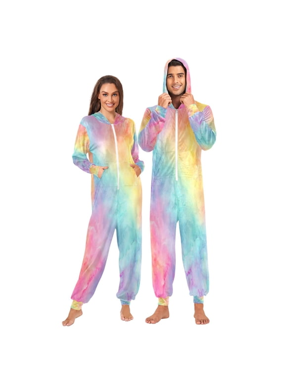 Unisex Adult Hooded Onesie Pajamas, Soft Fleece Full Zip One Piece Pajamas for Couples, Christmas Holiday Loungewear, S-XL Pastel Rainbow Tie-dye Pattern