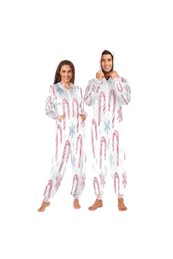 1-Pack Onesie Adult Hooded Pajamas, Soft Fleece Full Zip One Piece Pajamas for Couples, Christmas Holiday Loungewear, S-XL Candy Canes on White