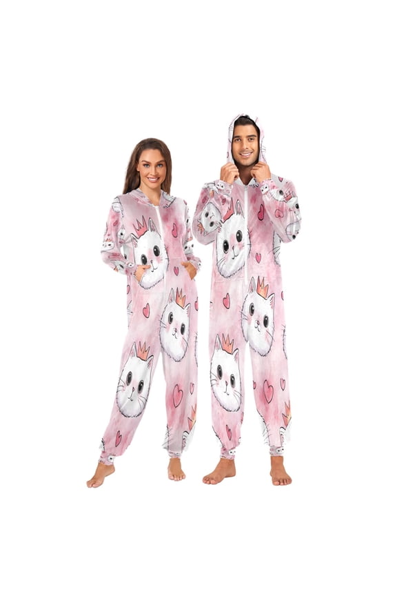 1-Pack Onesie Adult Hooded Pajamas, Soft Fleece Full Zip One Piece Pajamas for Couples, Christmas Holiday Loungewear, S-XL Happy Crown Kitty