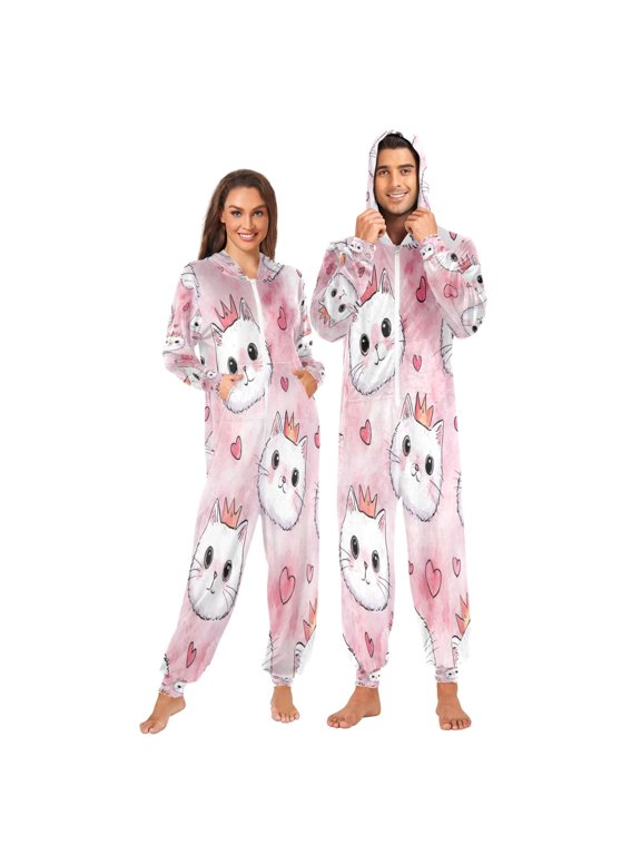 1-Pack Onesie Adult Hooded Pajamas, Soft Fleece Full Zip One Piece Pajamas for Couples, Christmas Holiday Loungewear, S-XL Happy Crown Kitty