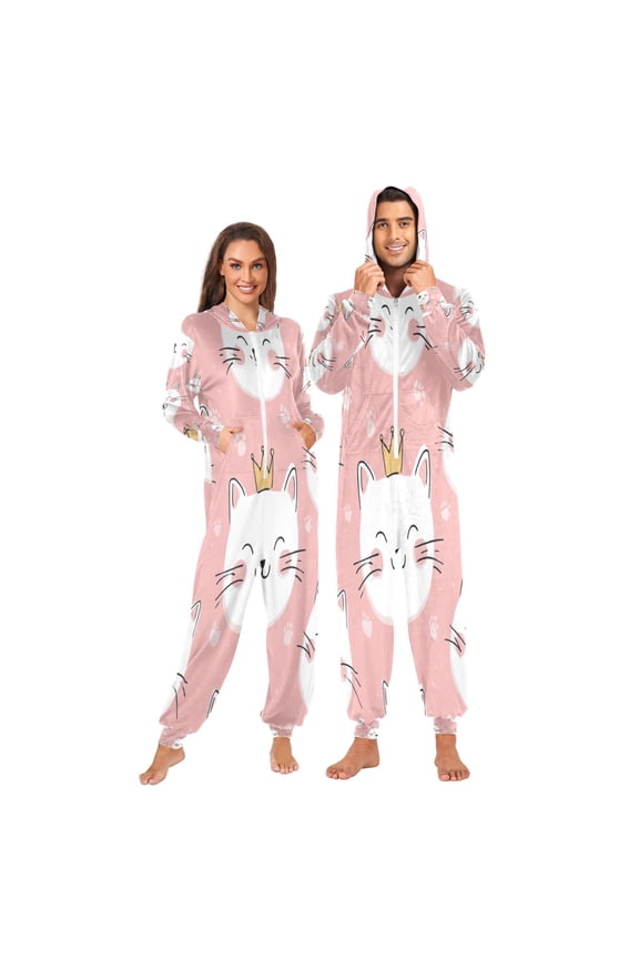 1-Pack Onesie Adult Hooded Pajamas, Soft Fleece Full Zip One Piece Pajamas for Couples, Christmas Holiday Loungewear, S-XL Super Happy Kittens