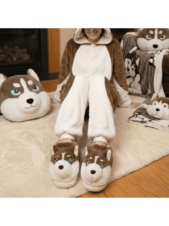 Unisex Adult Husky Plush House Slippers Cozy Faux Fur Animal Slides with Memory Foam Insole Non-Slip Rubber Sole Winter Warm Bedroom Footwear for Men Women 7-8
