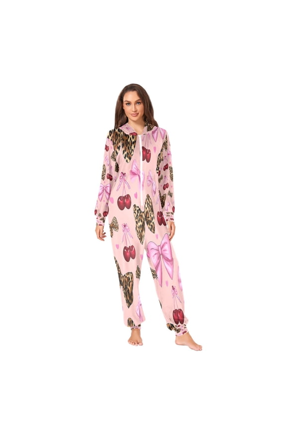 Unisex Adult Leopard Cherry Bows Printed Onesie Pajamas Ultra-Soft Crystal Velvet Loose Fit One Piece Union Suit with Hood (S)