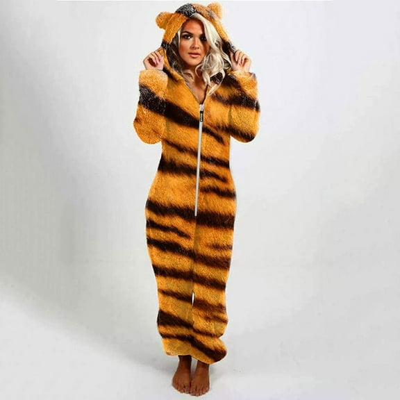 Unisex Adult Leopard Onesie Hoody Pajamas Zipper Up Long Sleeve Plush Jumpsuit