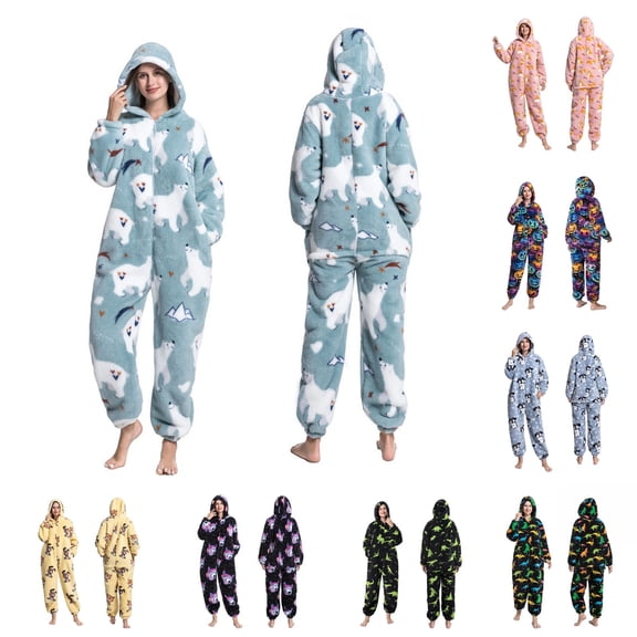 Unisex Adult Onesie Pajamas Cute Thickened Couples Fuzzy Long Sleeve Zip up Sleepwear Jumpsuit Matching Pjs Loungewear Blue M