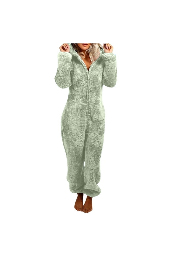 Unisex Adult Onesie Pajamas New Women Solid Color Long Sleeve Hooded Jumpsuit Pajamas Casual Winter Warm Romper Sleepwear Style B-18 Army Green XL