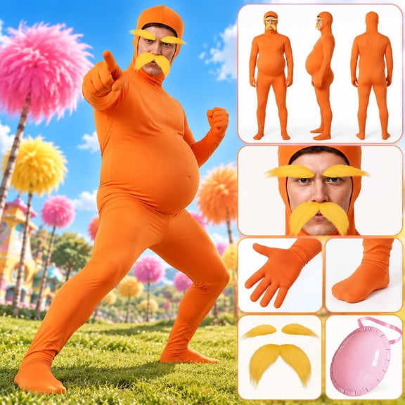 Unisex Adult Orange Bodysuit Halloween Costume with Mustache and Eyebrows Inflatable belly