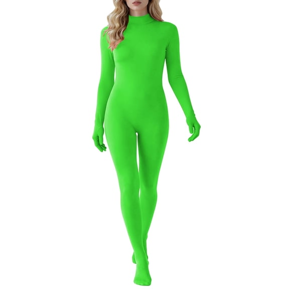 Unisex Adult Solid Stretch Spandex Open Face Zentai Jumpsuit Complete Cosplay Set Includes Self Adhesive Fake Mustache Eyebrows for Carnival Halloween Party Dress Up Stage Props Green M