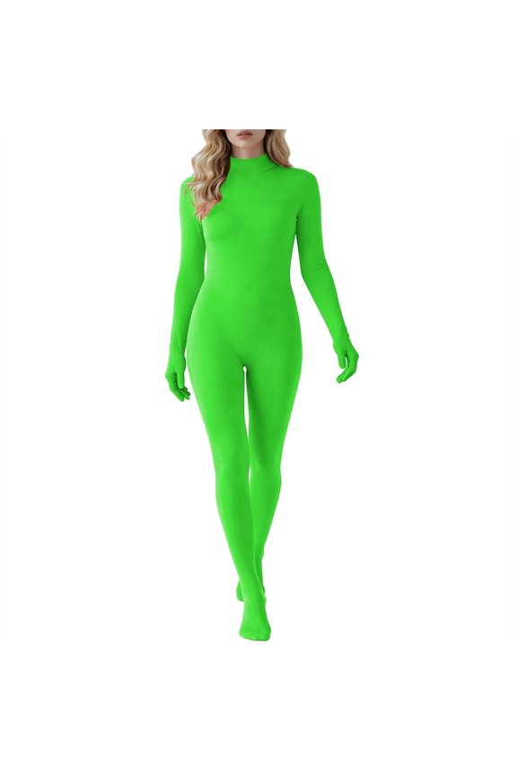 Unisex Adult Solid Stretch Spandex Open Face Zentai Jumpsuit Complete Cosplay Set Includes Self Adhesive Fake Mustache Eyebrows for Carnival Halloween Party Dress Up Stage Props Green M
