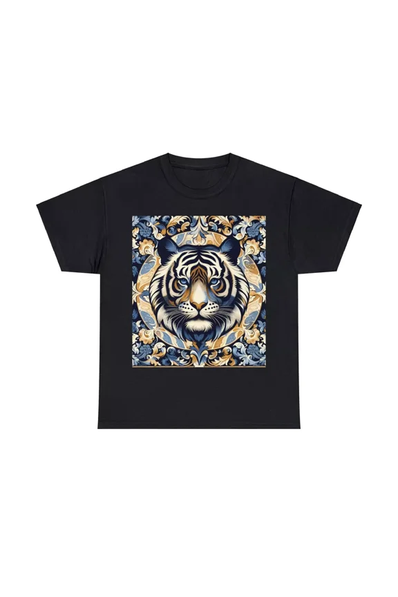 Unisex Adult T Shirt Bengal Tiger Damask Blue Gold Pattern Nature Big Cat Tee