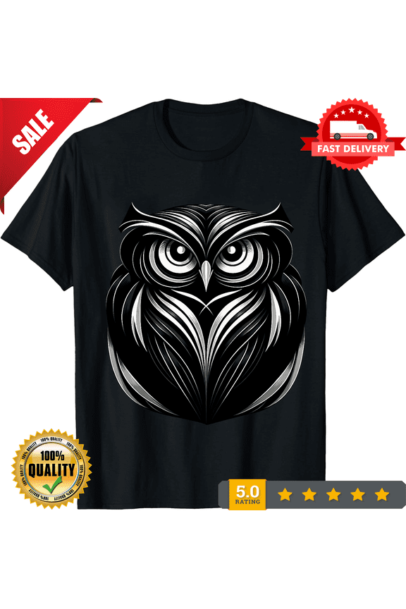 Unisex Adult T Shirt Elegant Art Deco Black Owl Illustration Gothic Bird Spooky, LIMITED EDITION-TH64312